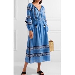 LoveShackFancy Isla Embroidered Cotton Voile Blue Midi Dress Size S
